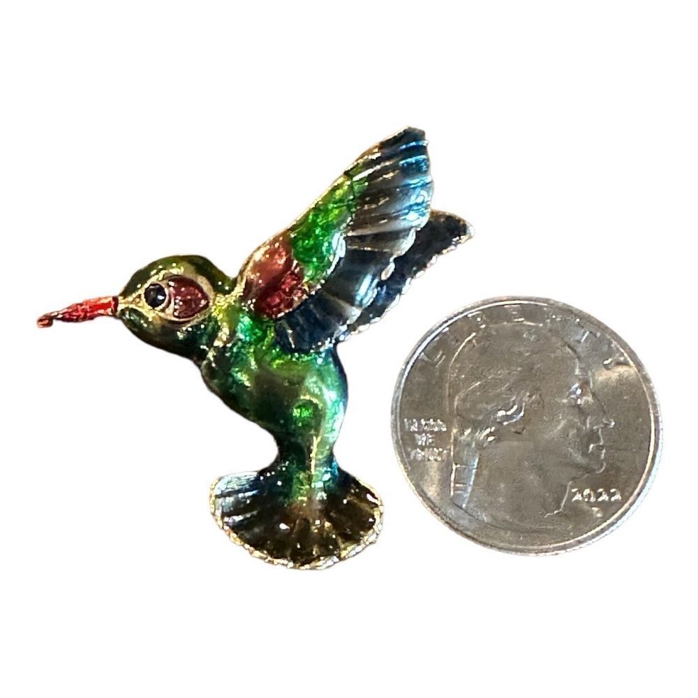 Hummingbird brooch , light weight , loaded with color , greens, blue, red,